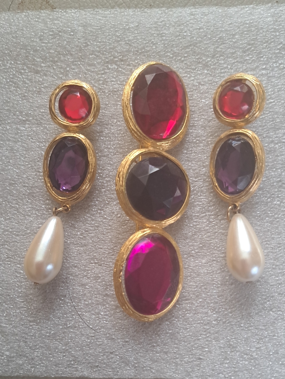 Gold-Tone Purple & Red Gem Drop Earrings and Pendant Set with Pearl Accent
